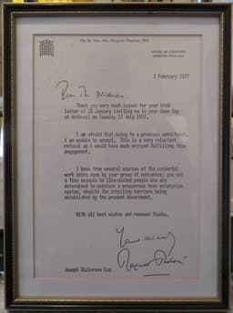 Letter from Margret Thatcher to Joseph Nickerson